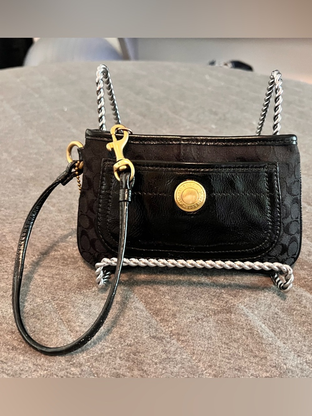 Vintage Y2K COACH 1941 Signature Leather Trim Brass 7”x 4.5” Wristlet Exc Cond